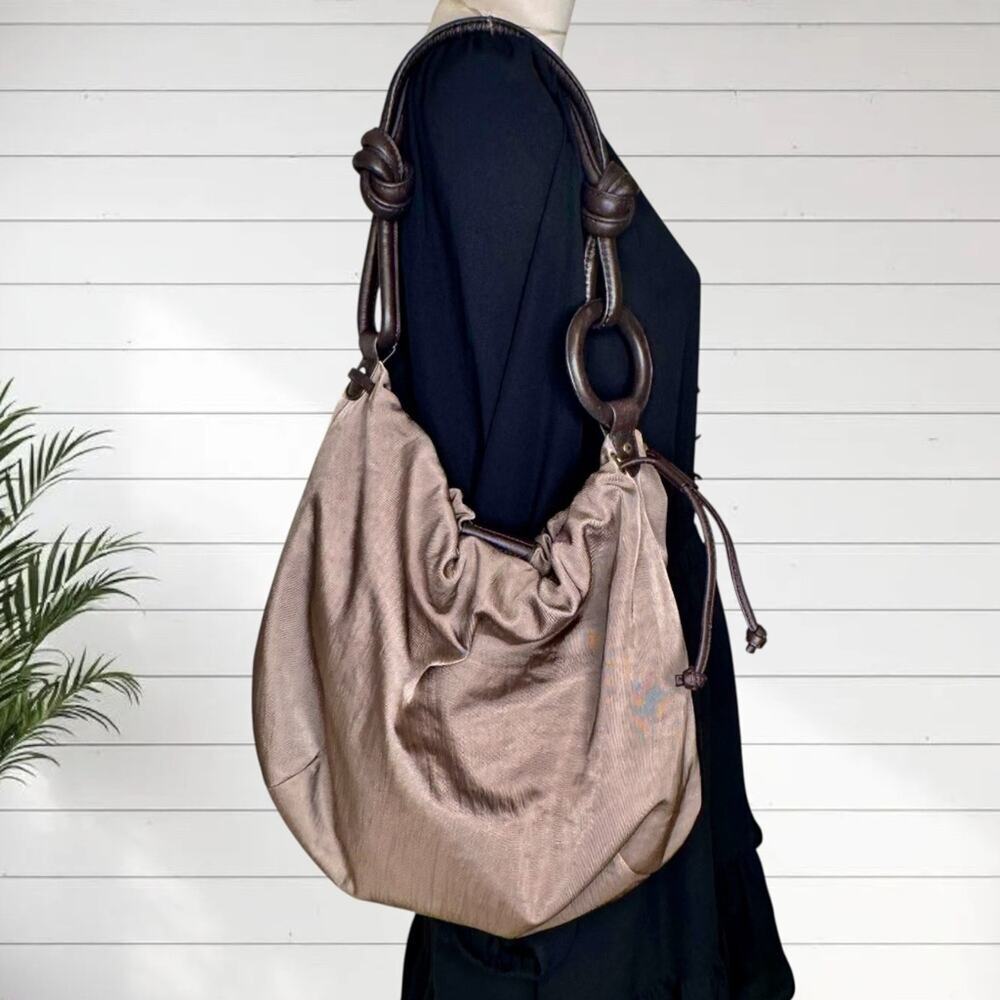Sequoia Paris Bag Taupe Nylon Brown Leather Hobo Shoulder Purse Knot